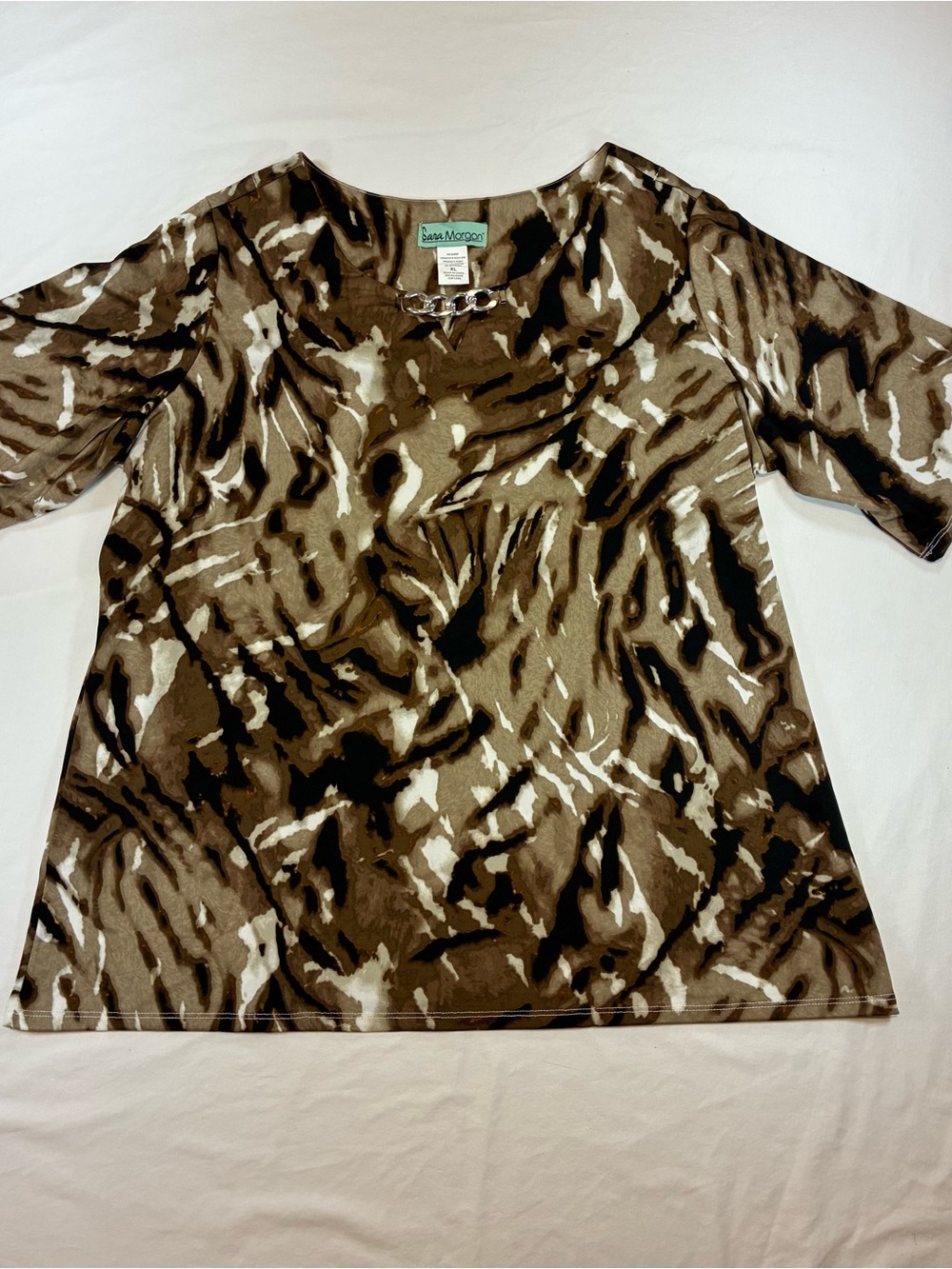 Sara Morgan Brown Abstract 3/4 Sleeve Scoop Chain Neck Top